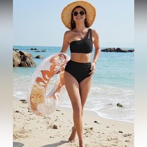 Black One-Shoulder High Waisted Bikini Set